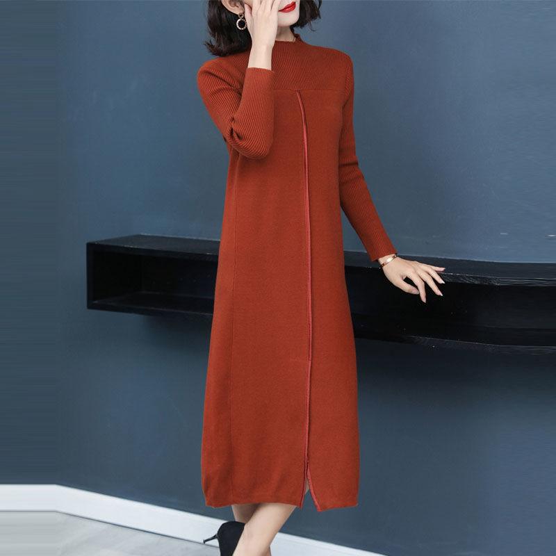 Autumn and Winter Knitted Long Dress Over The Knee Loose Clothes Large Size Base Skirt Pure Color Simple Female Sweater Dress