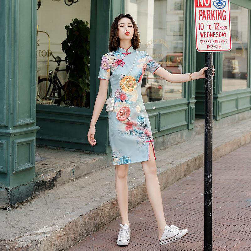 Plus Size Cheongsam Dress Short-sleeved Improved Version of Middle-aged Mother Cheongsam Was Thin Women's Mid-length