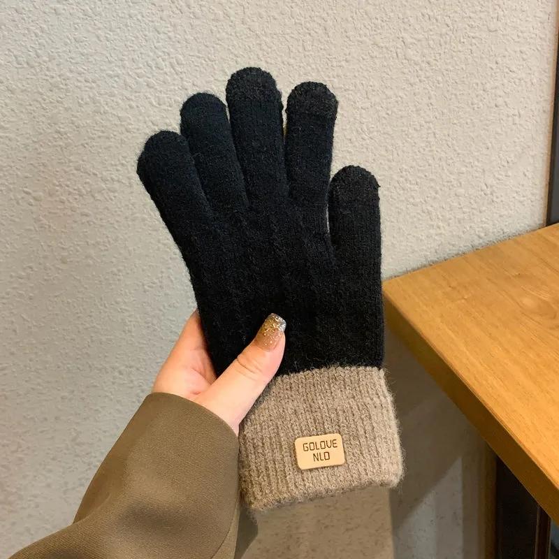 Women's Autumn and Winter Gloves Thickened Cold Proof Touch Screen Warm Knitted Mittens Full Finger Riding Woolen Knitting Matching Gloves