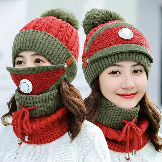 Three-in-one Winter Women's One-piece Hat Plus Velvet Warm Cotton Mask Hat Woolen Cap Baotou Bib