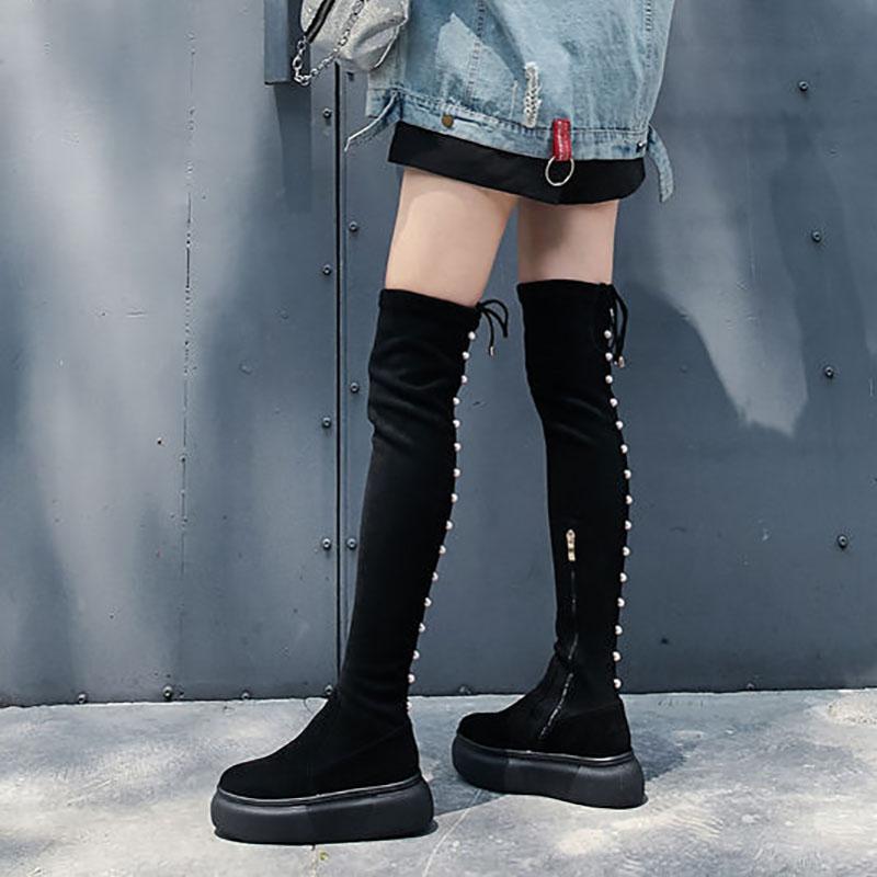 Autumn and Winter Women's Boots High Over The Knee Boots Flat Shoes Women's Lace-up Boots Elastic Boots