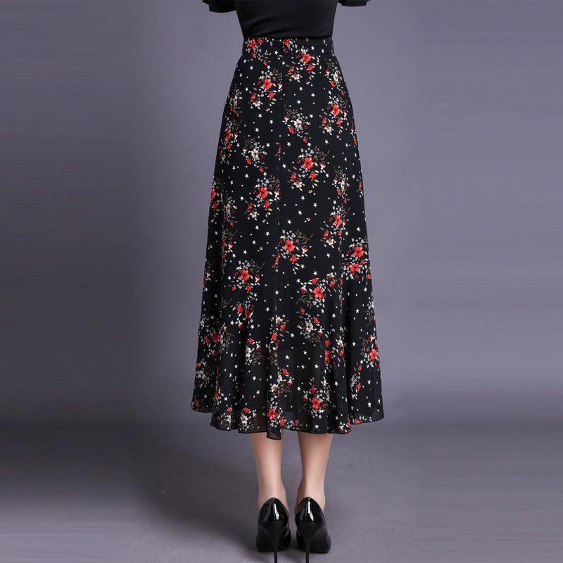 Women Fashion Florals Print Long Skirt Female Elastic High Waist Chiffon Casual Beach Skirts Summer