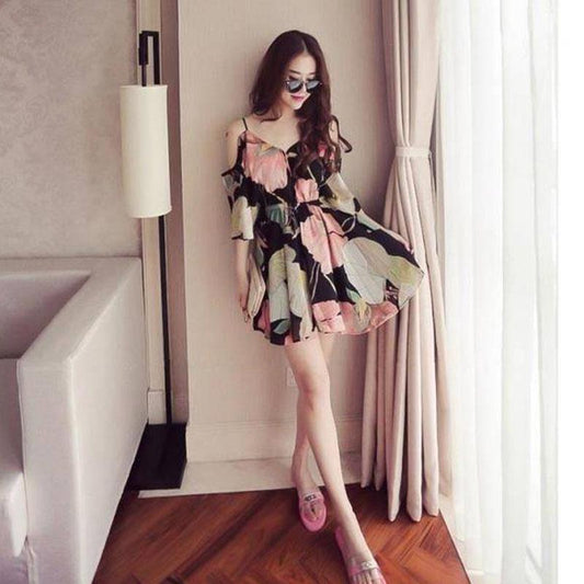 Pofulove Chiffon printed shoulder Spaghetti Strap Dress backless mini dress summer mini Sundress