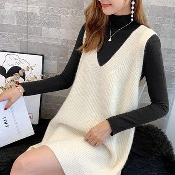 Autumn and Winter Long Knitted Sweater Loose V-neck Versatile Dress Casual Solid Color Women's Vest Dress