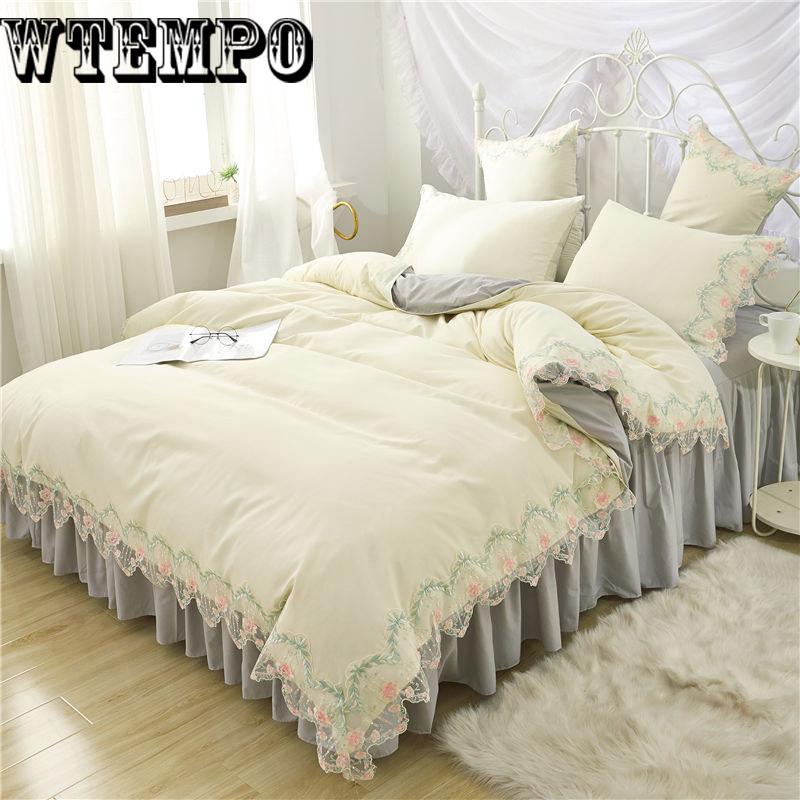 Bedding set bed skirt four sets of fashion lace quilt cover solid color princess wind skin cotton