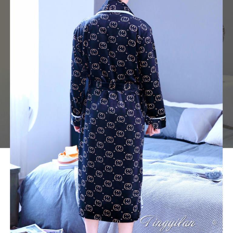 Men Large Size Home Clothes Pajamas G Chain Print Robe Coat Absorbent and Quick-drying Bathrobe Long