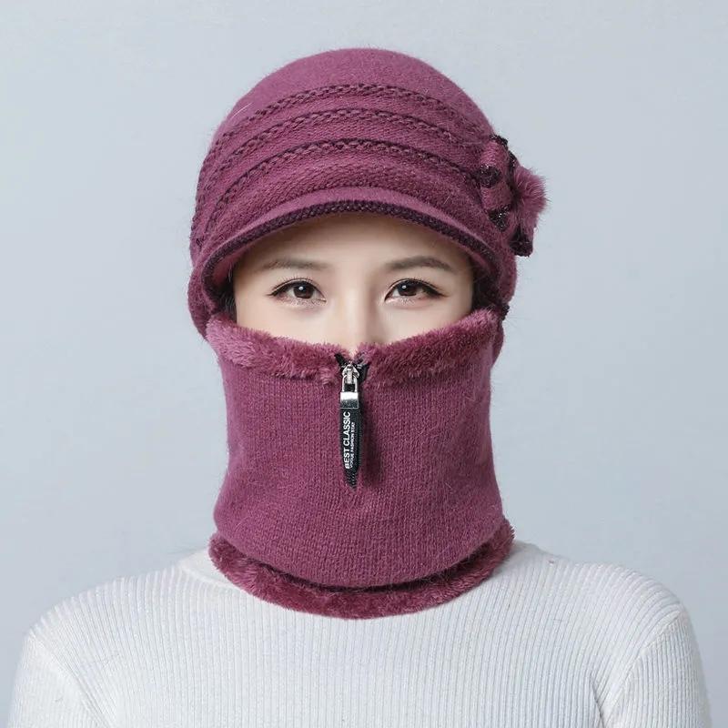 Women's Hat Autumn and Winter Floral Face Ear Protection Wool One-piece Scarf Mask Hat Plus Velvet Thickening Cycling Windproof Warm Mother Hat