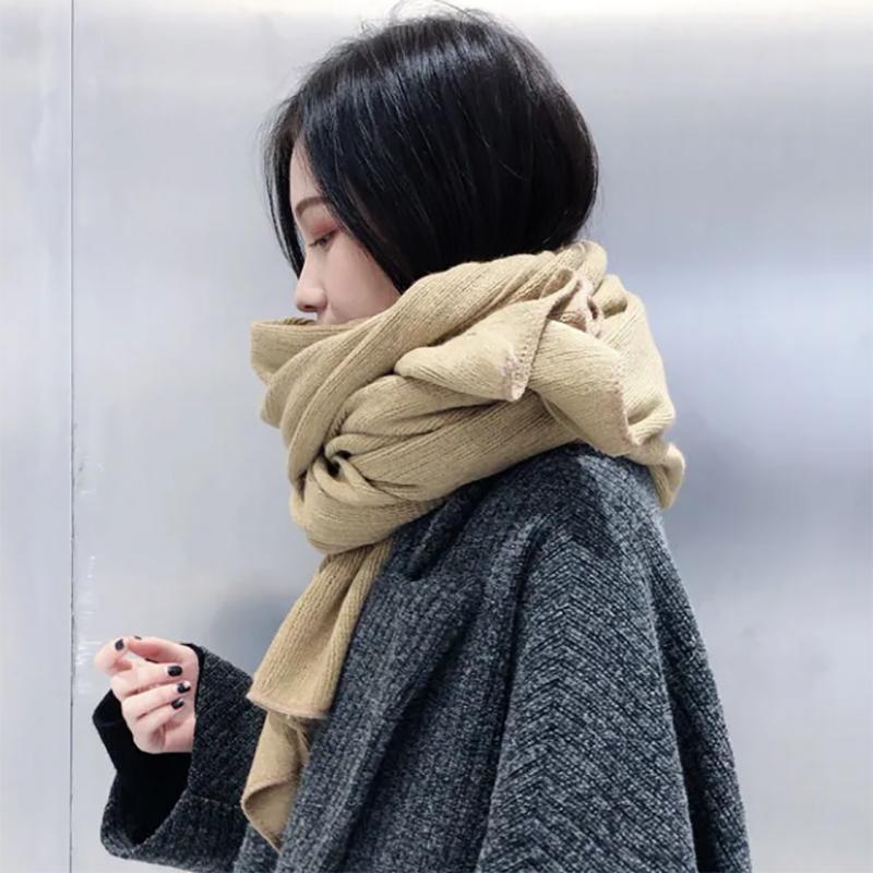 Korean Solid Color Knitted Wool Scarf Women Thickening Warm Scarf All-match Scarves