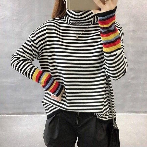 Autumn/Winter Loose Turtleneck Sweater Women Rainbow Sleeve Pullover Outer Knitwear Striped T-shirt