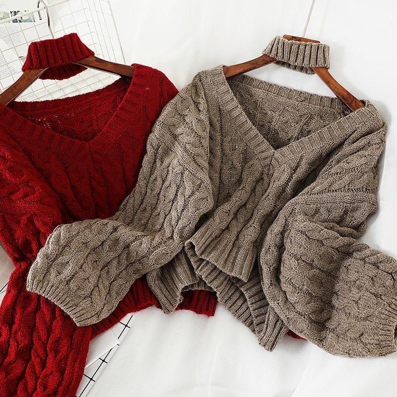 Sweater Design Knit Sweater Top Women's Autumn Winter New Short V-neck Halter Loose Knitted Sweater