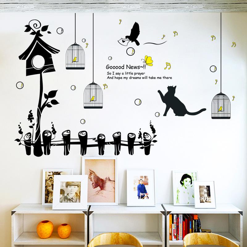 Happy bird cage background wall stickers environmental murals funny cat birds wallpaper