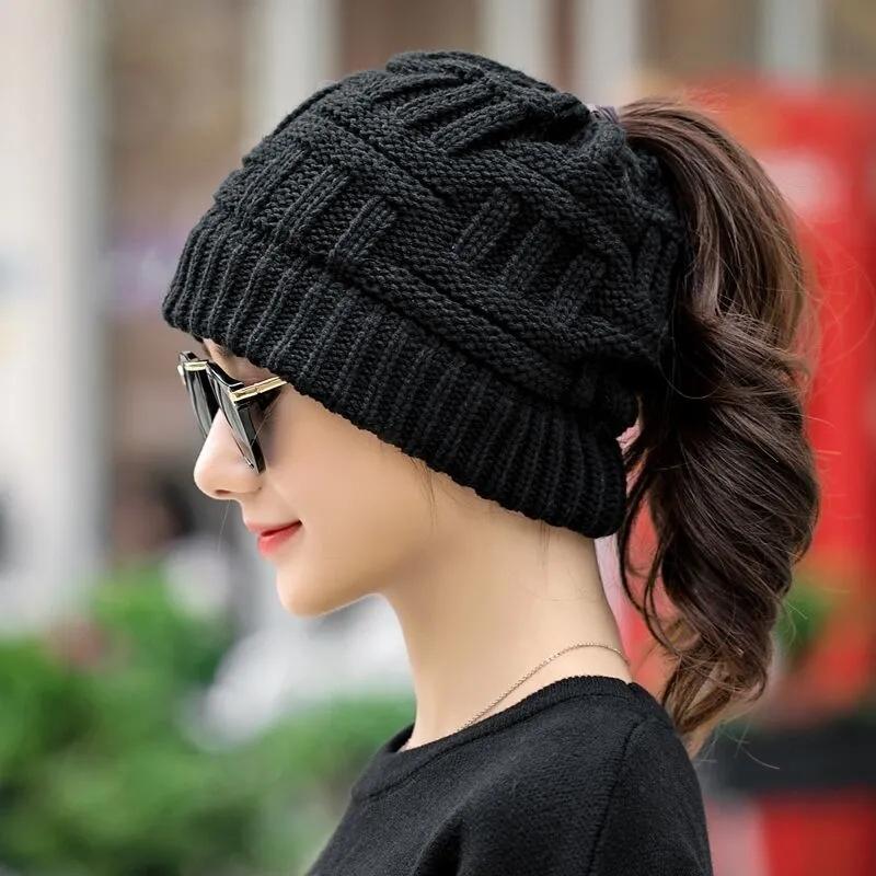 Women's Autumn and Winter Hats All Match Ponytail Hats Cute Warm Caps Empty Top Woolen Knitted Hat Outdoor Sports Baseball Hats No Top Knitting Hat