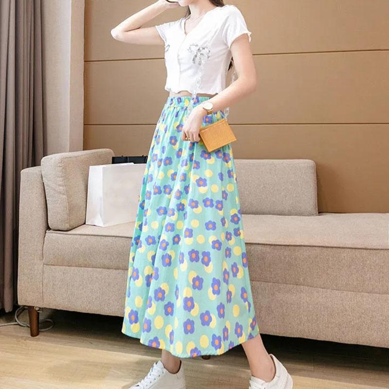 Women Skirts Female Summer Casual A-line Skirt Thin Elastic High Waist Skirts Vintage Loose Long Chiffon Floral Skirt