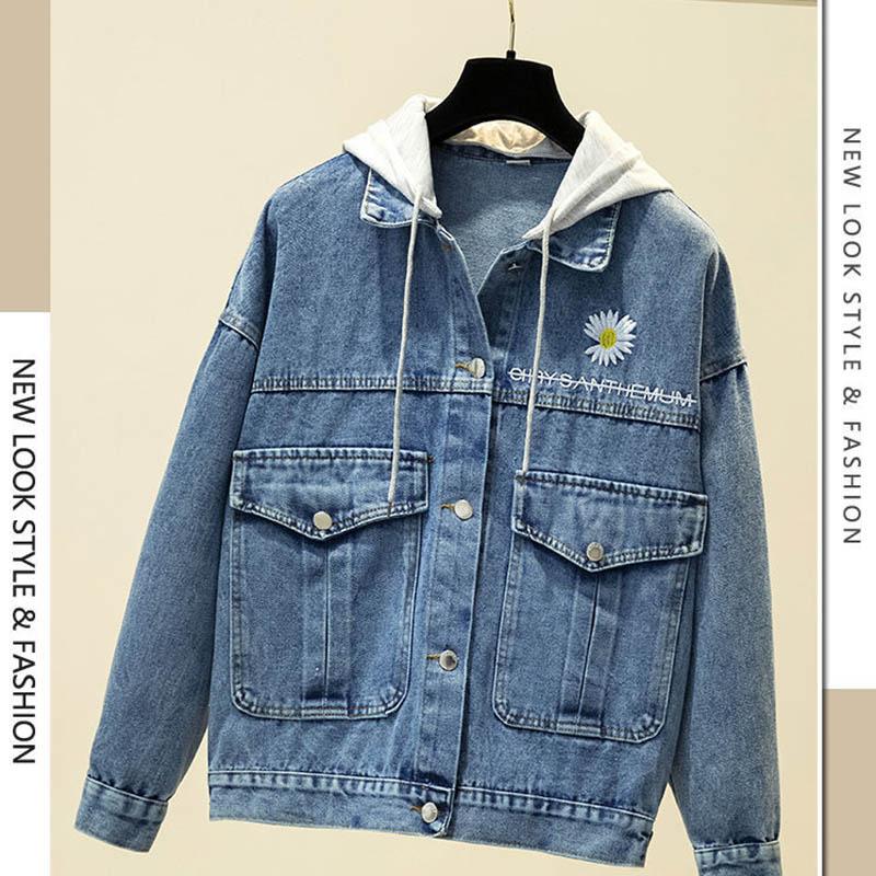 Autumn Style Detachable Cap Embroidered Daisy Denim Jacket Female Loose Student Jacket Top