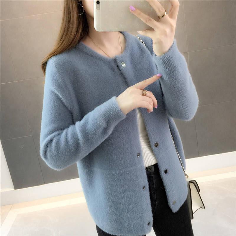 Autumn and Winter Mohair Cardigan Sweater Short Thick Solid Color Top Loose Casual Women's Jacket