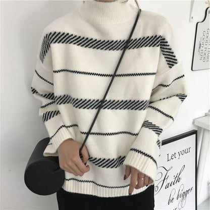 Pofulove Autumn Winter Pullover Striped Turtleneck Short Sweater Female Loose Long-sleeved Sweater