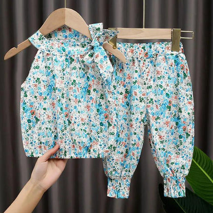 Children's Suit Summer Thin Korean Style Loose Print Broken Flower Girls Suspender Shorts Ventilation Two Piece Set