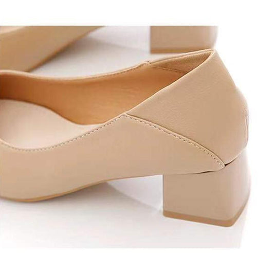 High-heeled Leather Single Shoes Women's Thick-heeled Square-toe Shallow Mouth Work Shoes Soft Leather Slip-on High-heeled Shoes