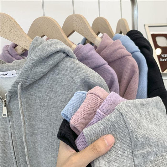 Women's Solid Color Hooded Jacket Lazy Style Zipper Cardigan Top Ladies Sportswear Coat Autumn Outwear Big Pocket Top