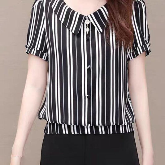 Short-sleeved Shirt Women's Temperament Striped Shirt Tops V-neck Short-sleeved Striped Thin Fabric Soft Lightweight Breathable and Cool