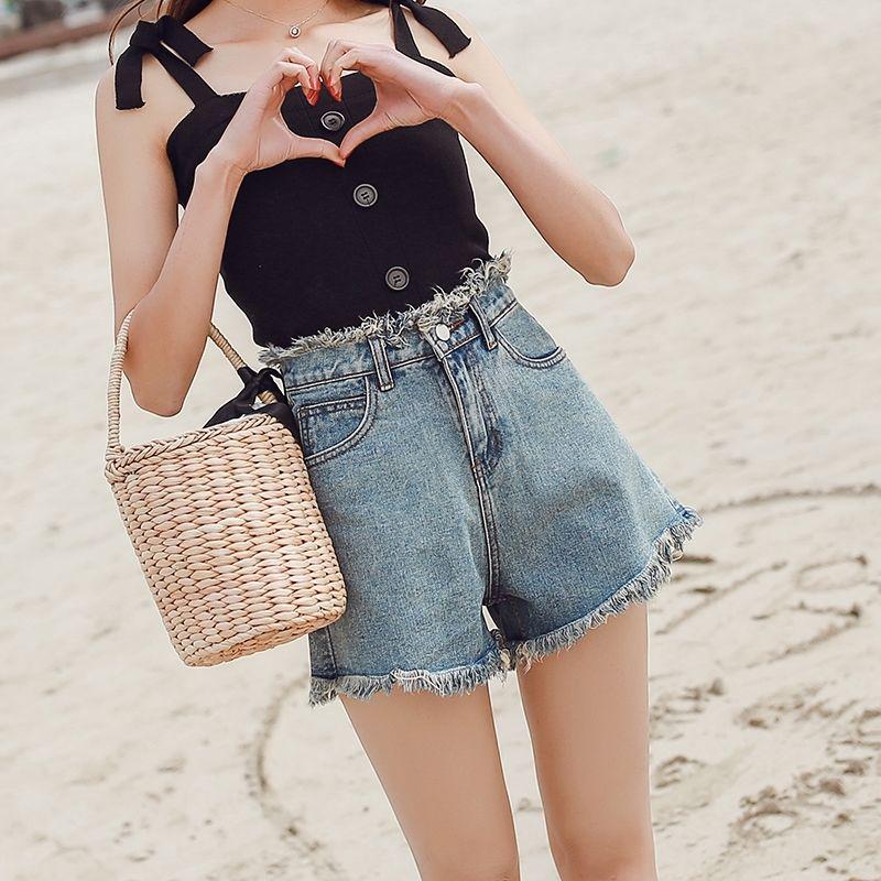 WTEMPO Double Buckle Denim Shorts Women Version of The High Waist Was Thin and Loose Wild A-line Wide Legs