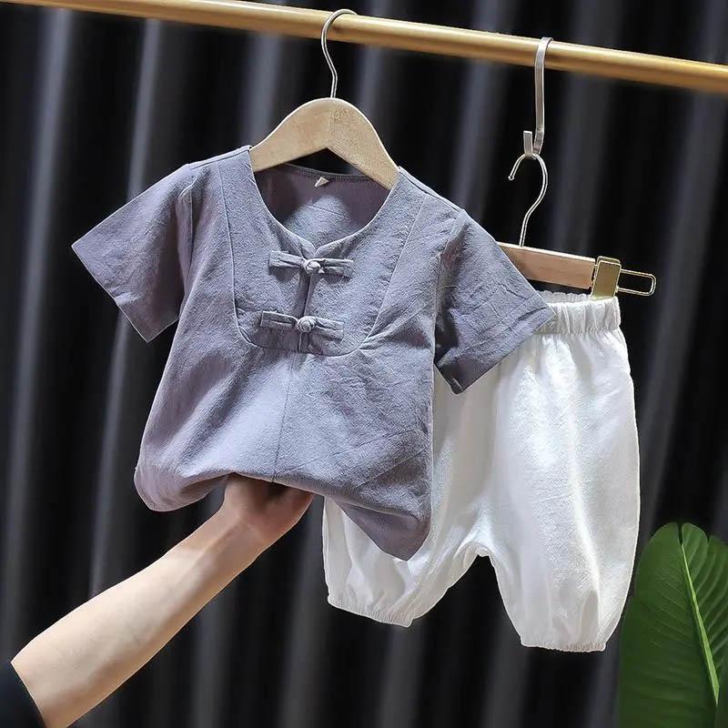 Children's Summer Thin Suit Boys Short-sleeved Shorts Two-piece Baby Cotton and Linen Breathable and Comfortable Summer Clothes