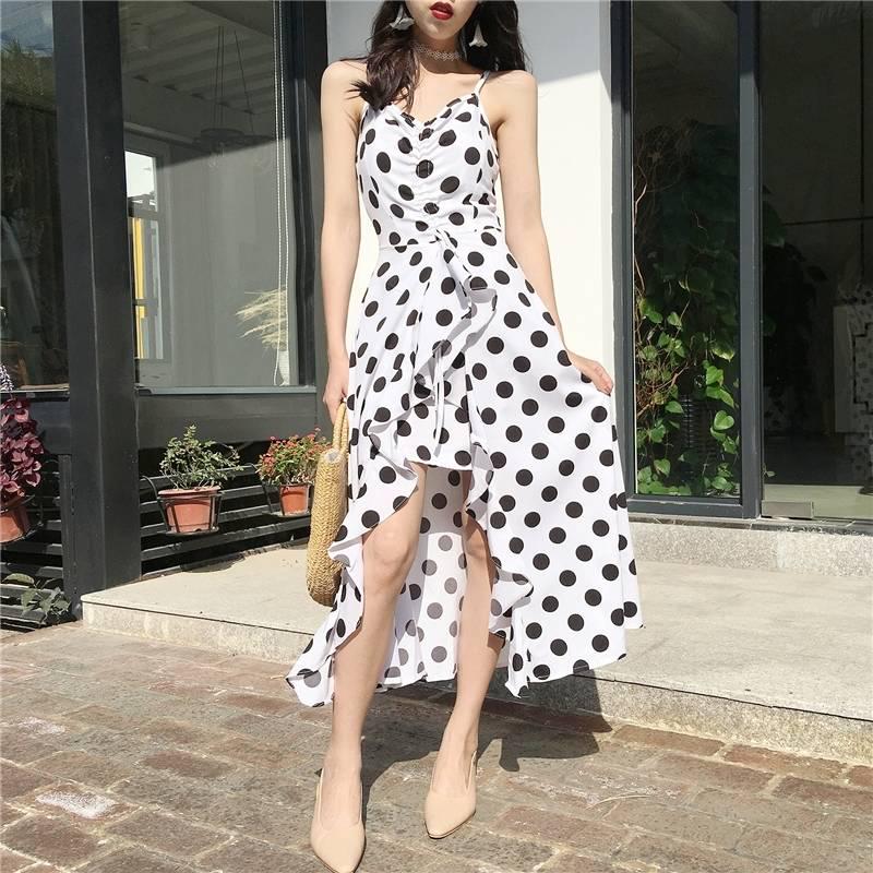 Polka Dot Ruffle Split Midi Dress Women V Neck Pleated Dress Female Elegant Party Club Sexy Dress