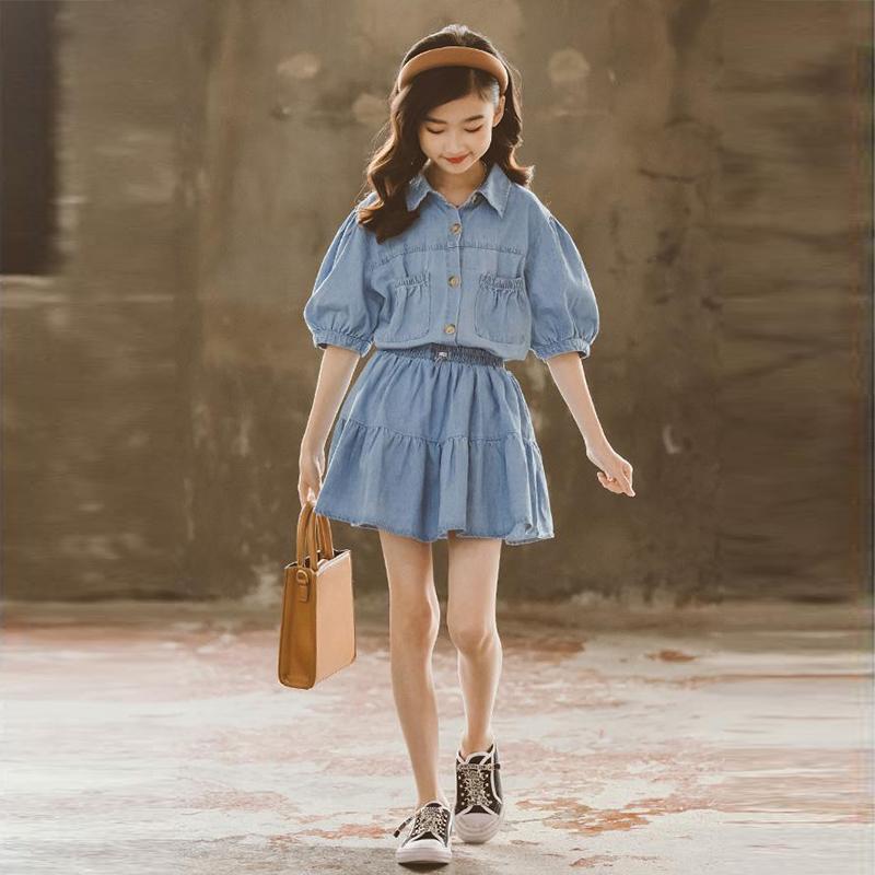 Girls' Summer Suit Korean Style Western Style Girl Denim Skirt Two-piece Suit Net Celebrity Children's Skirt Set