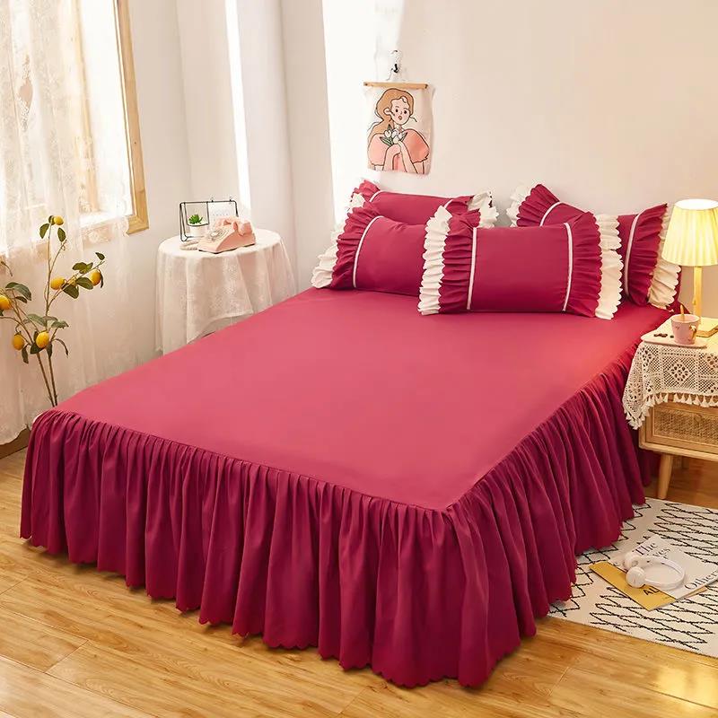 Korean Style Bed Skirt One-piece Princess Style Bedspread Bed Cover Protective Cover Non-slip Bed Cover Solid Color Bed Sheet One-piece