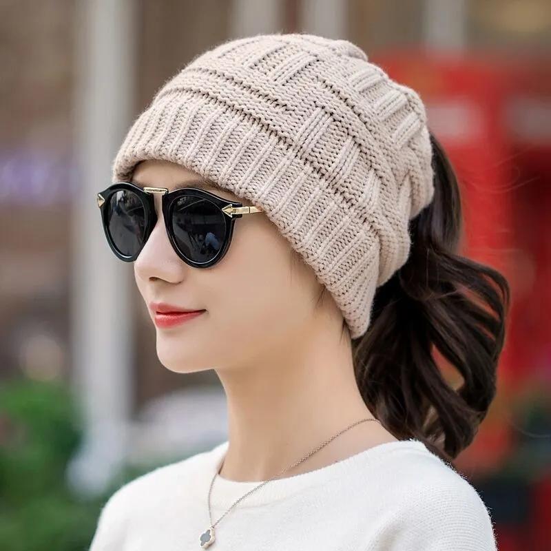 Women's Autumn and Winter Hats All Match Ponytail Hats Cute Warm Caps Empty Top Woolen Knitted Hat Outdoor Sports Baseball Hats No Top Knitting Hat