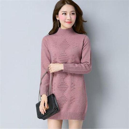 Women Winter Fall Turtleneck Knitwears Dresses Long Knitted Solid Color Sweater Skirt Thick