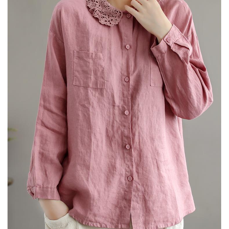 Pure Cotton Long-sleeved Shirt Women's Casual Lace Lace Collar Retro Literary Spring Loose Top