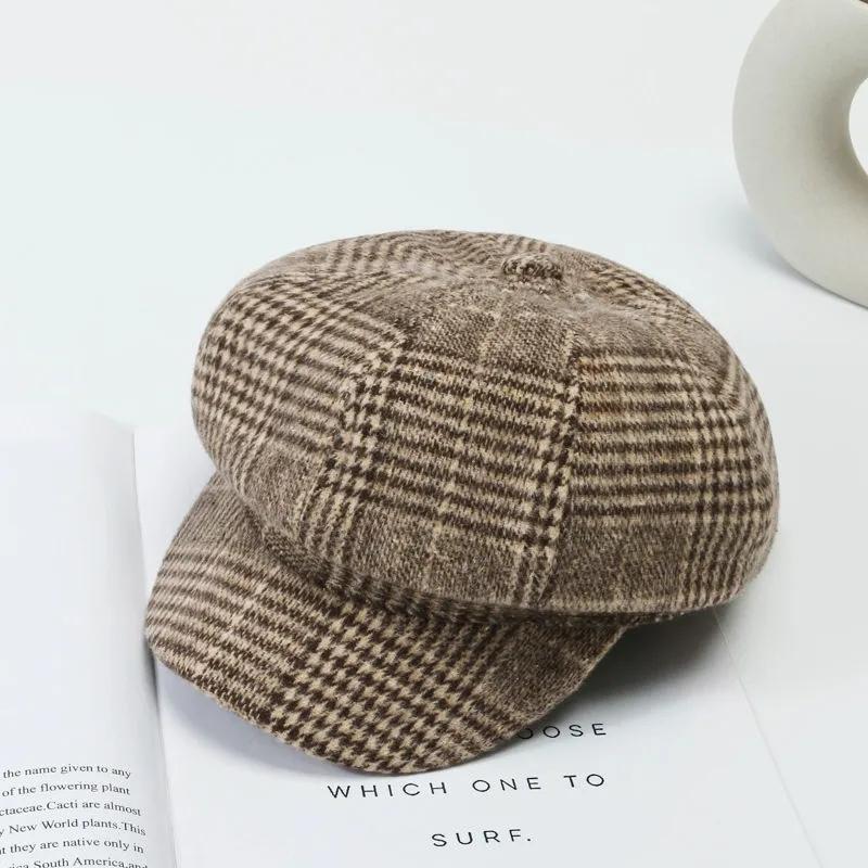 Women's British Retro Plaid Octagonal Hat Spring Autumn Wool Blend All Match Beret Outdoor Leisure Painter Hat Adjustable Beanie Hat