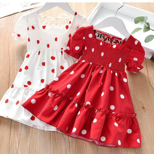 Kids Girls Sweet Style Fresh Style Summer Polka Dot Sundress French Stylish A-Line Dress for Party Birthday Gift