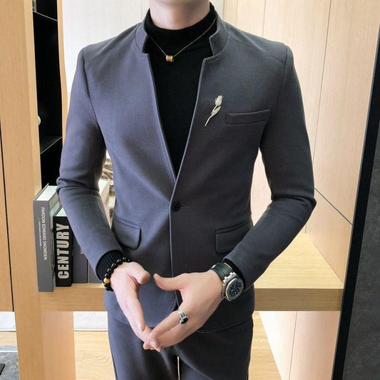 Men's Two-piece Suits Slim-fit Stand-up Collar Small Suit Groomsmen Groom Dress Suit Jacket Trousers Suit