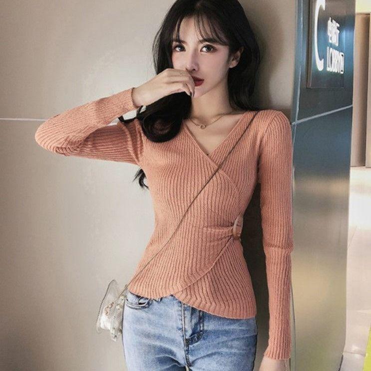 Pofulove Solid Color Long-sleeved Knitted Bottoming Shirt with A V-neck Tight-fitting Sweater