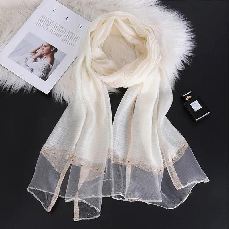 Women's Boutique Silk Scarf Mulberry Silk Scarf Warm Autumn and Winter Shawl Scarf Embroidered Gauze Scarves Pearl Hem Decor Neckerchief Solid Shawl