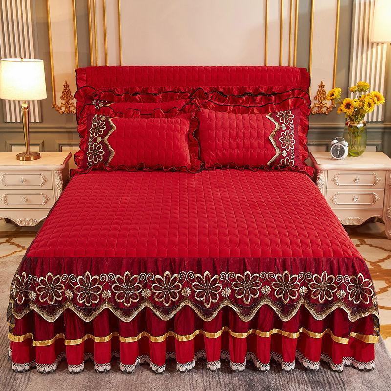 3pcs/set Warm Crystal Velvet Bed Skirt Autumn and Winter Thickening Plus Velvet Non-slip Bedspread Lace Large Bed Sheet