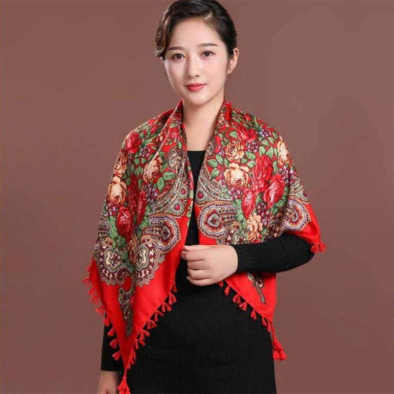 Women's Ethnic Style Square Scarf Printed Shawl Fringed Cotton Scarf Autumn and Winter Warm Embroidered Shawl Multifunctional Turban Shawl Scarf