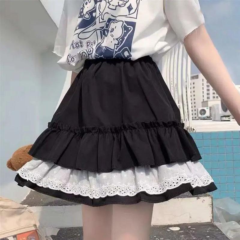 Woman Skirts Summer Casual A-line Skirt Girls JK Mini Skirts Solid Color Elastic High Waist Skirt Loose Lace Ball Gown