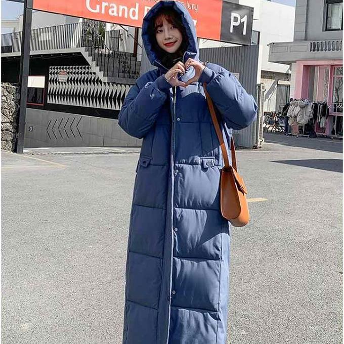 Winter Warm Down Padded Jacket Women's Loose Super Long Style Knee-to-ankle Padded Bread Jacket Stand-up Collar Hooded Down Jacket Sleeves Slim Fit