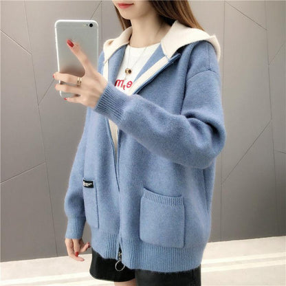 Autumn and Winter Cardigan Hooded Coat Loose Contrast Color Knitted Sweater Zipper Casual Women's Top