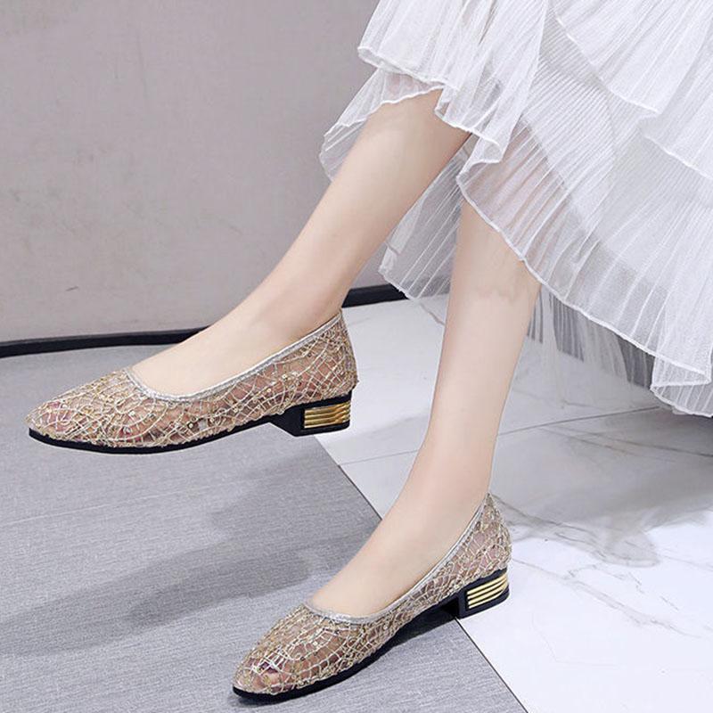 Summer Thick Heel Sandals Women Mesh Hollow Out Pointed Single Shoes Korean All-match Medium Heel Work Sandals Comfortable Breathable Sandals