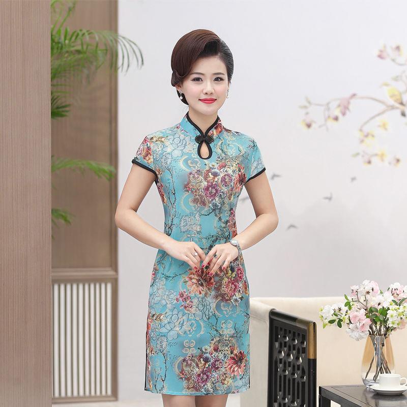 Summer Improved Cheongsam Female Mother Dress Retro Short-sleeved Dress Mid-length Middle-aged and Elderly Printed Cheongsam Dress