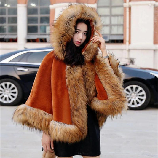 Women's Winter Faux Mink Fox Fur Shawl Mid-length Hooded Cloak Fur Coat Warm Plush Faux Fur Wrap Cloak Windproof Fur Coat Oversize Mantle Shawl