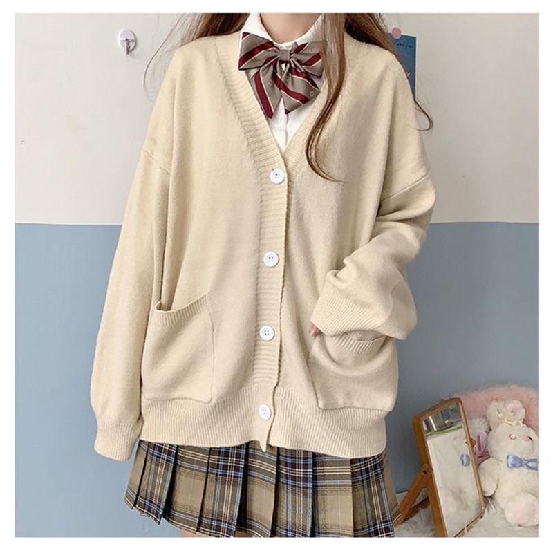 Homemade core-spun yarn v-neck JK uniform with sweater coat knitted cardigan loose lantern sleeve female autumn