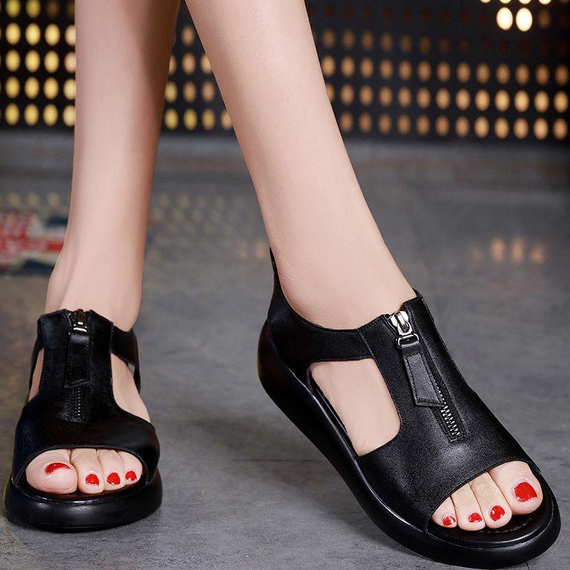 Plus Size 35-40 Summer Women Outdoor Black Leather Rome Flat High Heels Bohemian Beach Shoes Non-slip Office Lady Sandals