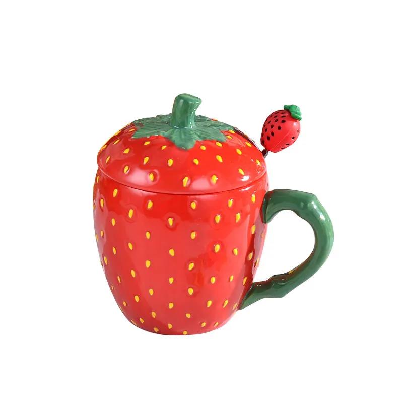 Mug with Lid Spoon Ceramic Strawberry Cup Hand-painted Breakfast Couple Coffee Cup Cute Girl Heart Student Water Cup