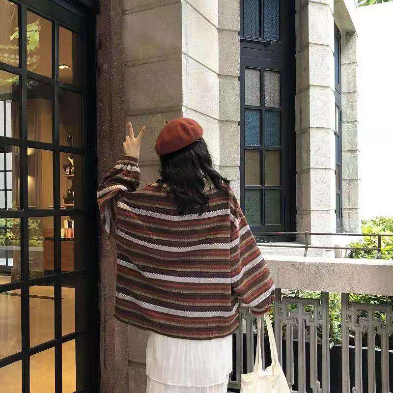 Pofulove Korean Striped Lantern Sleeve Sweater Women Loose Thin Long Sleeve Mid-length Student