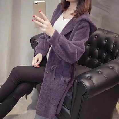 Autumn and Winter Imitation Mink Cardigan Hooded Loose Mid-length Lazy Sweater Large Size Thick Coat Women